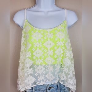 BONGO White Lace Crop Tank With Adjustable Straps & Neon Yellow Shelf Bra
